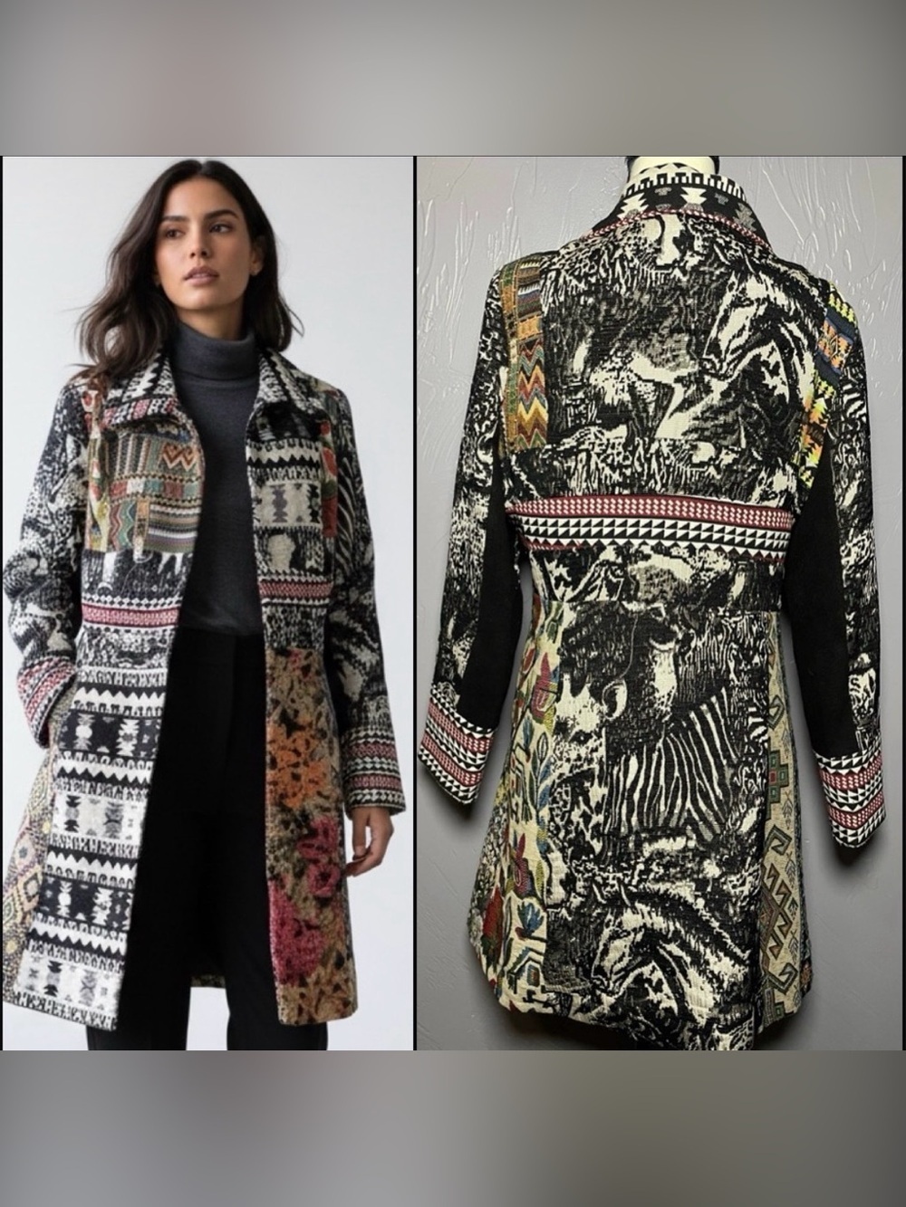 Vintage Tapestry Coat Patchwork 90's LARGE Western Tribal Floral Peacoat Small